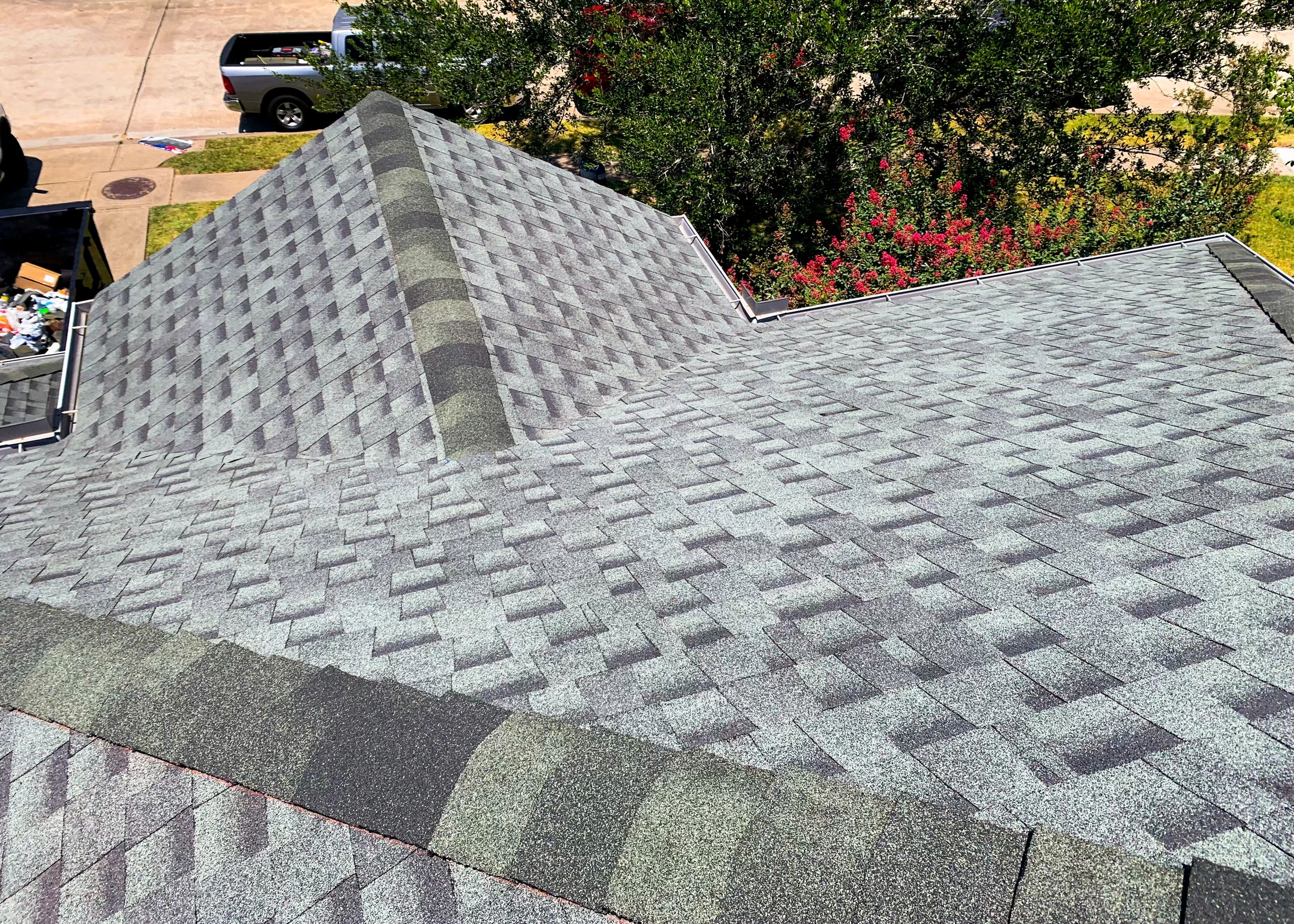 Aerial view of completed roofing project